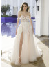 Ivory Lace Tulle Slit Sexy Wedding Dress With Detachable Straps Ivory Lace Tulle Slit Sexy Wedding Dress With Detachable Straps